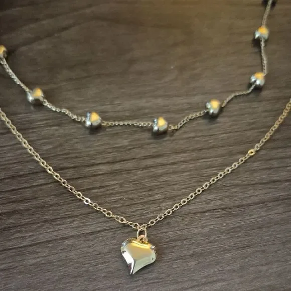 ♡♡♡ Layered Heart Pendant Necklace Gold Plated Beaded Chain Set of 2