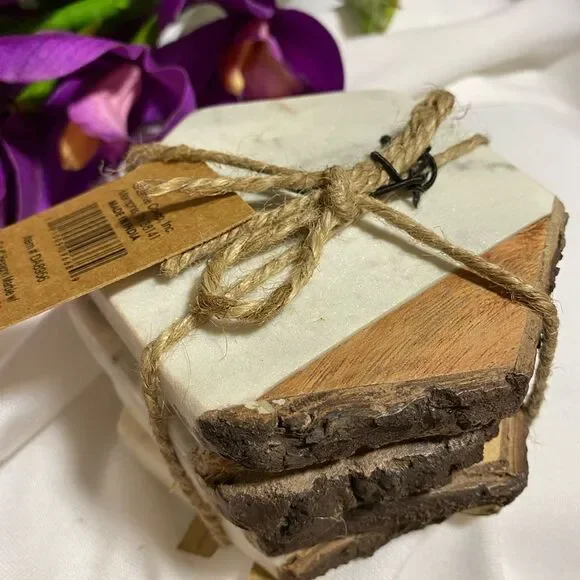 Coasters (4) Beautiful Marble & Brown NWT wrapped in Jute Creative Co Op 4x4