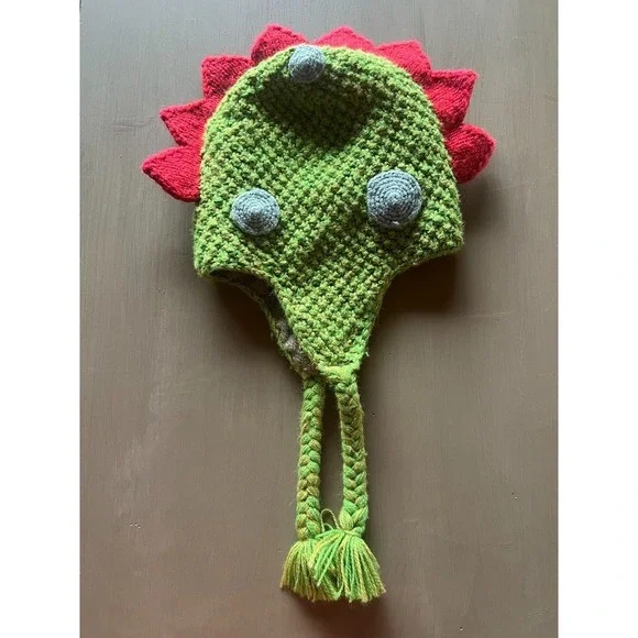 Andes Gifts Dinosaur Knit Hat‎ Alpaca Blend Kids Earflap Beanie Mohawk Braids
