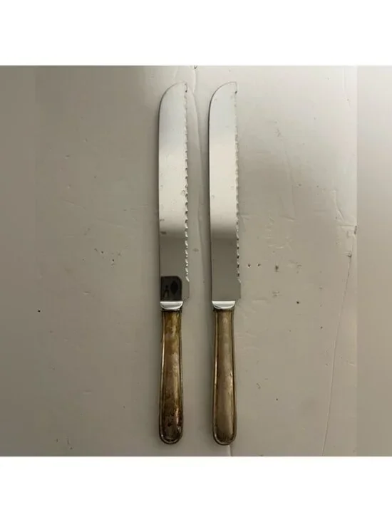 Vintage Calegaro Italy Serrated Bread Knives Set of 2 Silverplate Stainless MCM