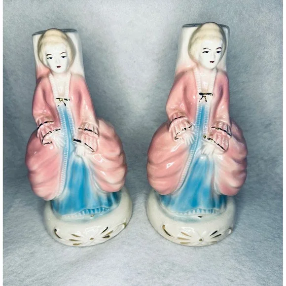 Vintage‎ Lady Figurine Vase Pair Pink Blue Floral Accent Decor lamp bases