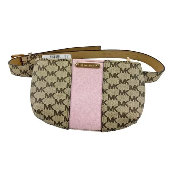 *New Michael Kors Brown Pink Print Waist Bag Fanny Pack Small Synthetic Buckle