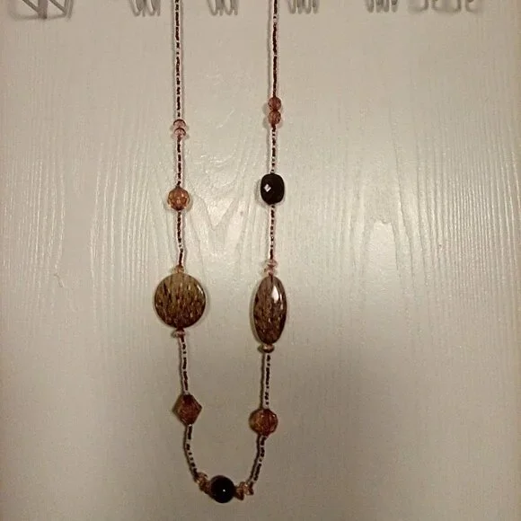 Beautiful Unique Long Beaded Necklace Neutral Colors 39