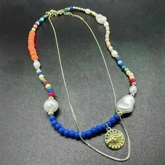 Layered bead and gold charm necklace 💗