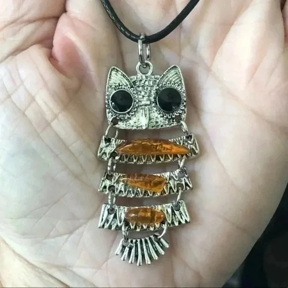 Real Baltic Amber Owl Leather Necklace NWT