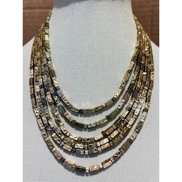 Chico's Vintage Gold Tone Multi Strand Statement Necklace Textured Block Bead