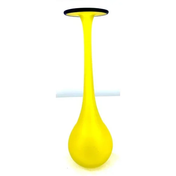 Carlo Moretti Bud Vase Yellow Blue Rim Italy Narrow Long Neck Satin Glass 11.5