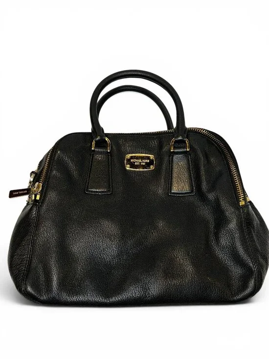 Michael Kors Black Pebbled Leather Dome Satchel Gold Hardware