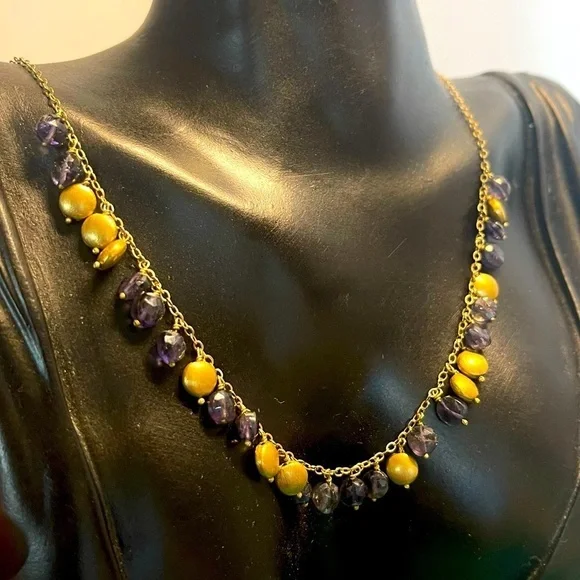 Sterling silver gold plated purple crystal bead dangle necklace