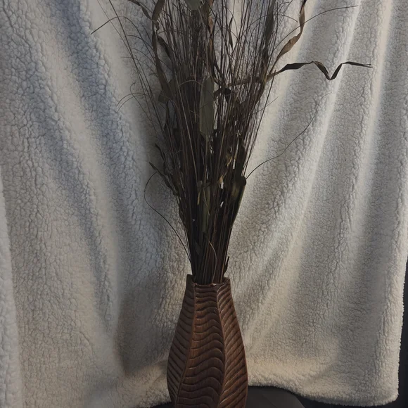 Vintage Carved Wood Table Vase w/ Dried Grass | Boho Accent Decor