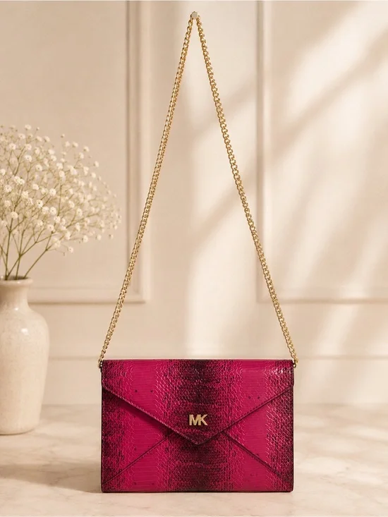 Michael Kors Pink Python Embossed Leather Envelope Crossbody Clutch Chain Bag