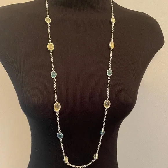 Gloria Vanderbilt 80's/90s Multi Stone Station Long Necklace Amber Teal Yellow