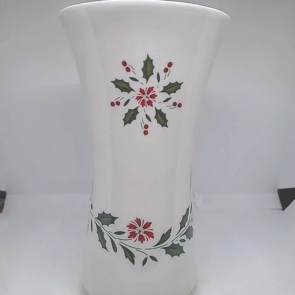 Vintage Poinsettia Porcelain Vase White Red Green Gold Trim Holiday Decor
