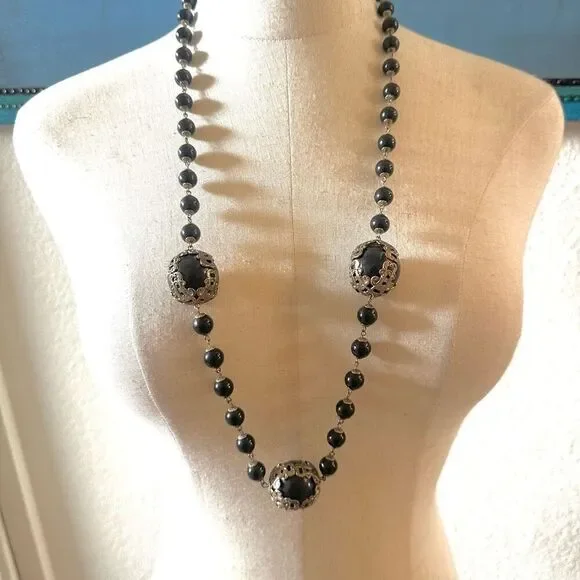 Vintage long black beaded necklace