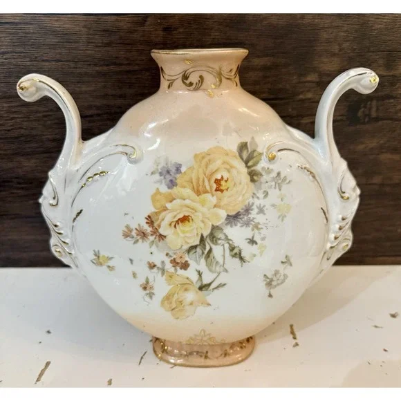 Antique Porcelain Mantel Vase Ram Head Handles Hand Painted Roses Gold Gilt