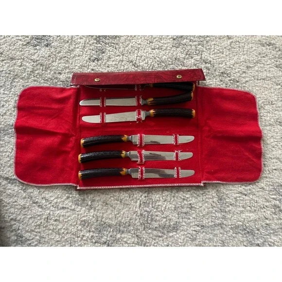 The BURNS Mfg. Co. 6 Steak Knife‎ Set in Leatherette Case & Faux Stag Handles