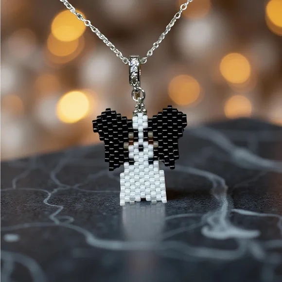 Dainty Beaded Papillon Necklace on Sterling Silver Chain with CZ Bail