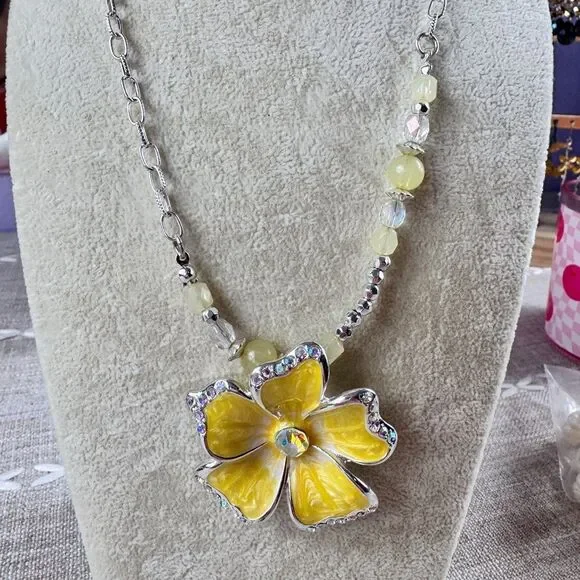 Yellow Rhinestone Flower Pendant Necklace