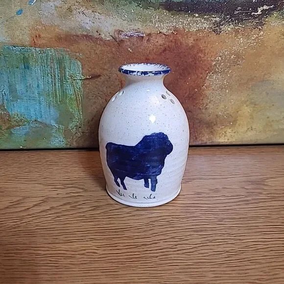 Three Rivers Pottery Jar Vase 1988 Blue Cream Rustic Cottage Speckle 4.25