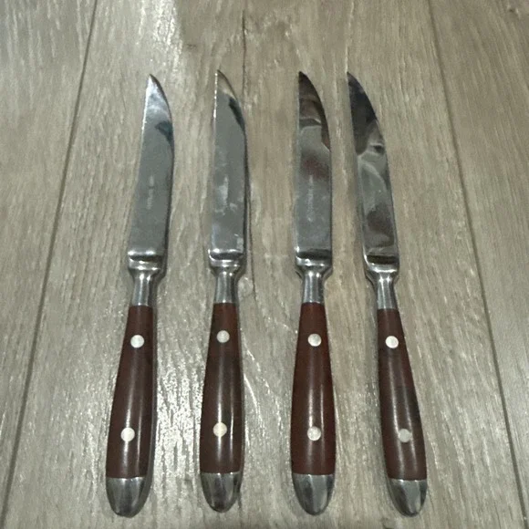 Chefs Dinner Steak Knives Stainless Steel Bistro Woodgrain‎ Brown Set of 4
