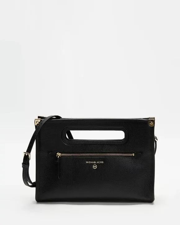 Michael Kors Jane Large Clutch Bag black pebbled leather crossbody luxe gold HW