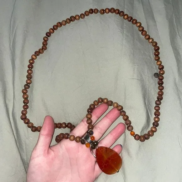 Wooden Bead Necklace Teardrop Pendant Brown Red One Size