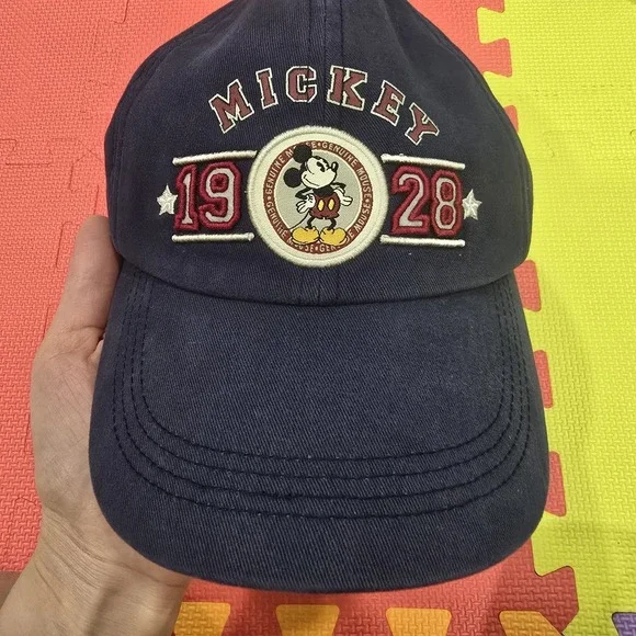 Vintage Disneyland Resort Mickey Mouse Hat Navy‎ Blue 1928 Leather Strap Cap...