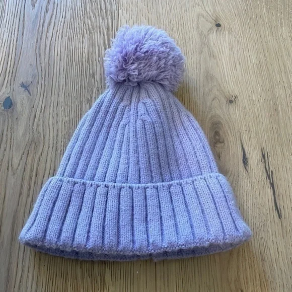 Zara Girls Lavender Pom Pom Beanie Ribbed Knit Winter Hat Size 6 9