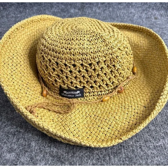 Panama Jack Straw Sun Hat OSFA With Beads Beach Resort Travel Summer Accessory