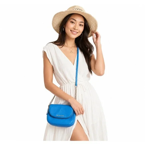 Michael Kors Bedford Flap Crossbody‎ Electric Blue Pebbled Leather Silver 17-05