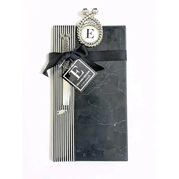 MUD PIE Black Marble Charcuterie Cheese Cutting Board Knife Initial E Medallion