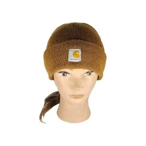 Carhartt Youth One Size Brown Ribbed knit Logo Pull On Cuffed Beanie Hat