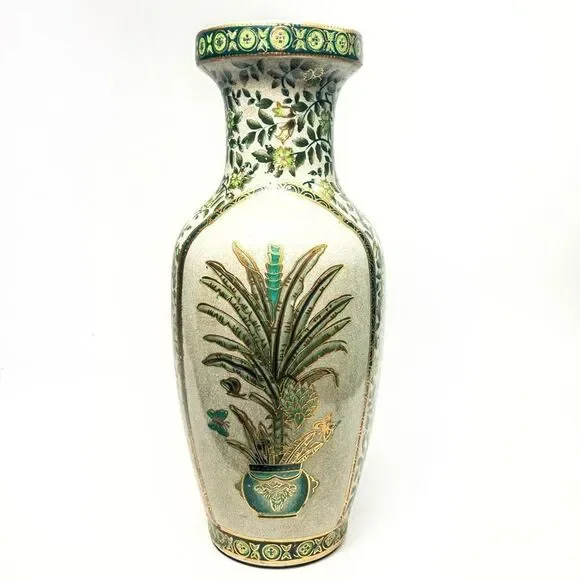 Porcelain Vase Green/Gold Botanical Motif Hand Painted Gilt Accent China