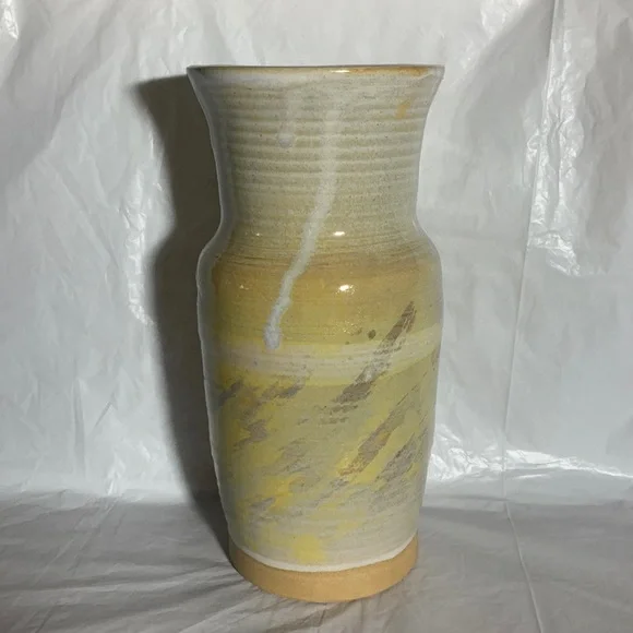 Jonathan Griffith Signed Terracotta Vase with Hues of Yellow and Grey