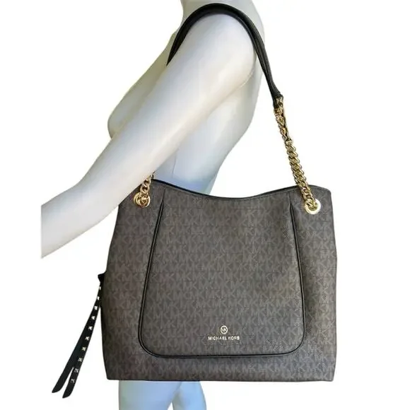 Michael Kors Jet Set Large Chain Tote Brown MK Monogram PVC Leather Trim Bag EUC