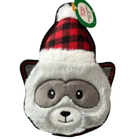 Merry & Bright Raccoon Crinkle Cutie Dog Toy Plush Front‎ Nylon Back, Squeaker