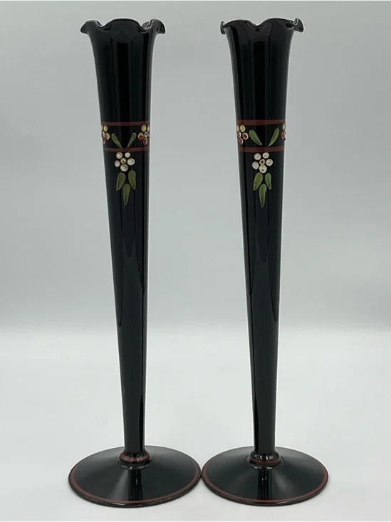Antique Pair of Maryland Glass Black Amethyst Glass Art Deco Vase Hand Painted