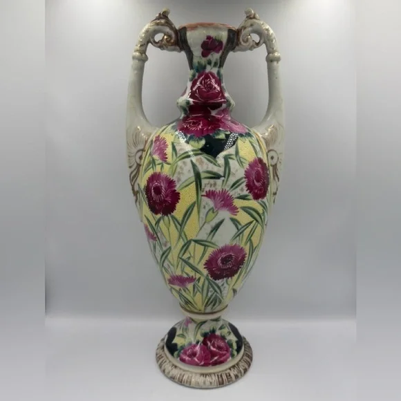 Vintage Amphora Shaped Nippon Style Porcelain Vase Hand-painted Moriage.