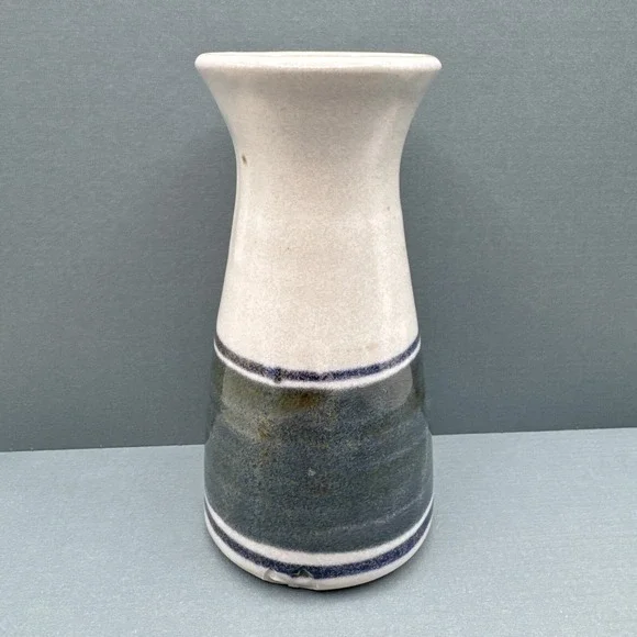 Vintage Studio Art Pottery Bud‎ Vase Signed Small Green Banded Farmhouse Neutral