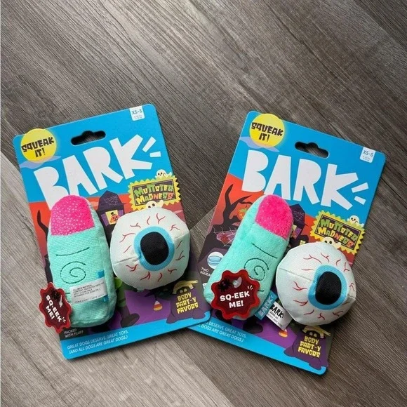 BARK Halloween Dog Toy Set XS-S Monster Madness Eyeball Squeaky Plush 2 Pack