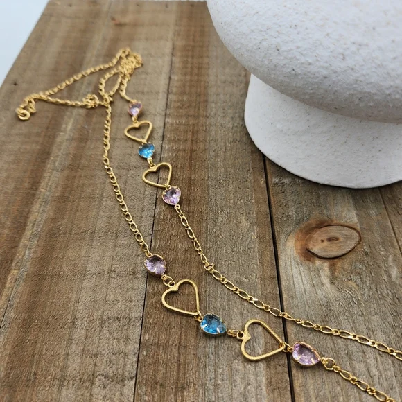 Long Goldtone Necklace w/ Lovely Pink & Blue Hearts • 18