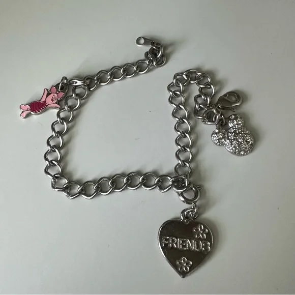 Disney Charm Bracelet Silver-Tone w Piglet Mickey Friends