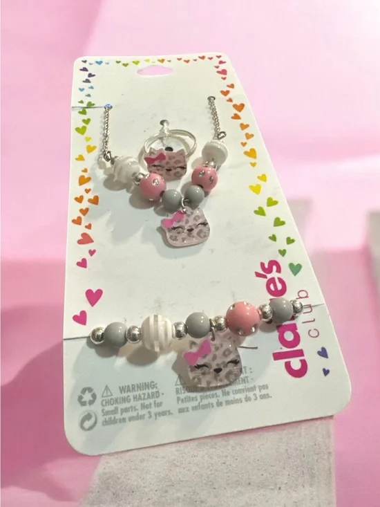 Pink & Gray Kitty Charm Jewelry Set 1035