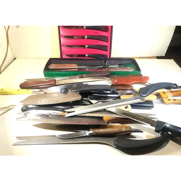 Large Junk Lot Old Knives Carbon steel wood handles Sets Butcher Knives