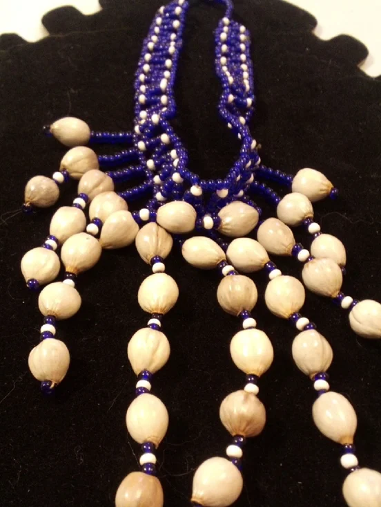 Handcrafted Blue and Cream Beaded Statement Necklace