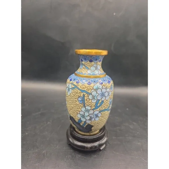 Vintage China Cloison Brass Cream & Blue Floral Cloisonné Enamel Vase Stand 5