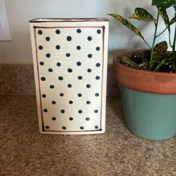 Dorothy Hafner for Tiffany & co cream with blue polka dot and brown accents vase
