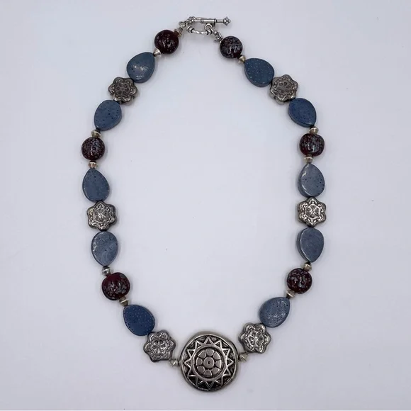 Silver Blue Natural Stone Beaded Statement Pendant Necklace Artsy Unique Boho