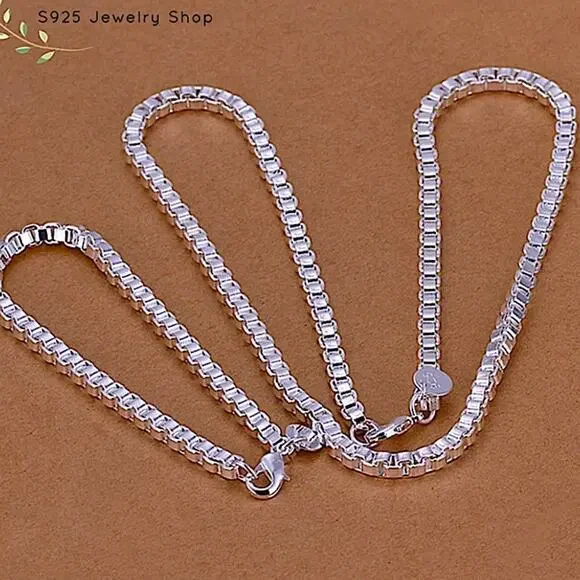 Sterling Silver Box Chain Link Necklace Bracelet Matching Set
