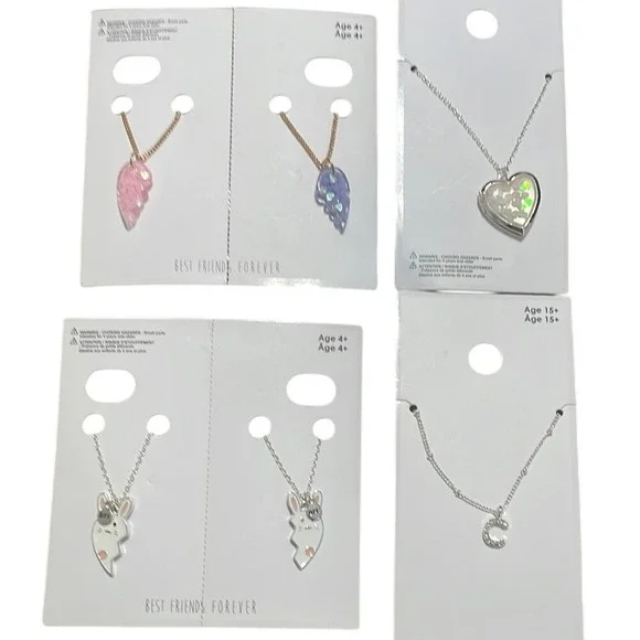 Kids BFF Necklace Bundle Heart Locket Bunny Rabbit Initial C‎ Wing 4-Pack New